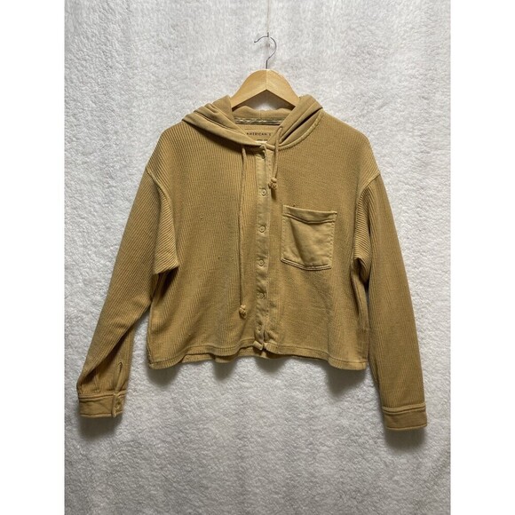 American Eagle Outfitters Tops - American Eagle Hoodie Women’s M Yellow Ribbed Knit Button Front‎ Long Sleeve